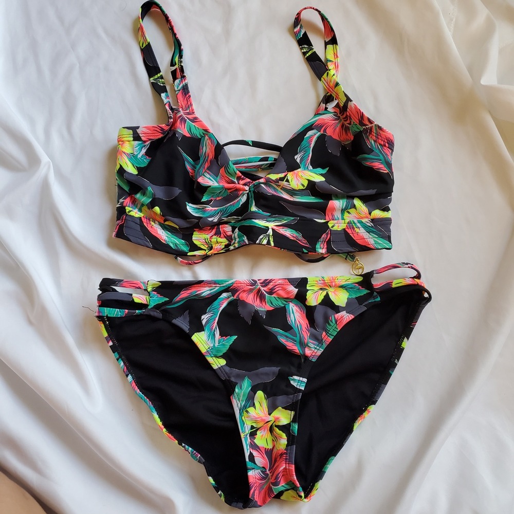 Heat Swimwear Womens Tropical Floral Bikini Set Black Neon Gold Metallic Medium